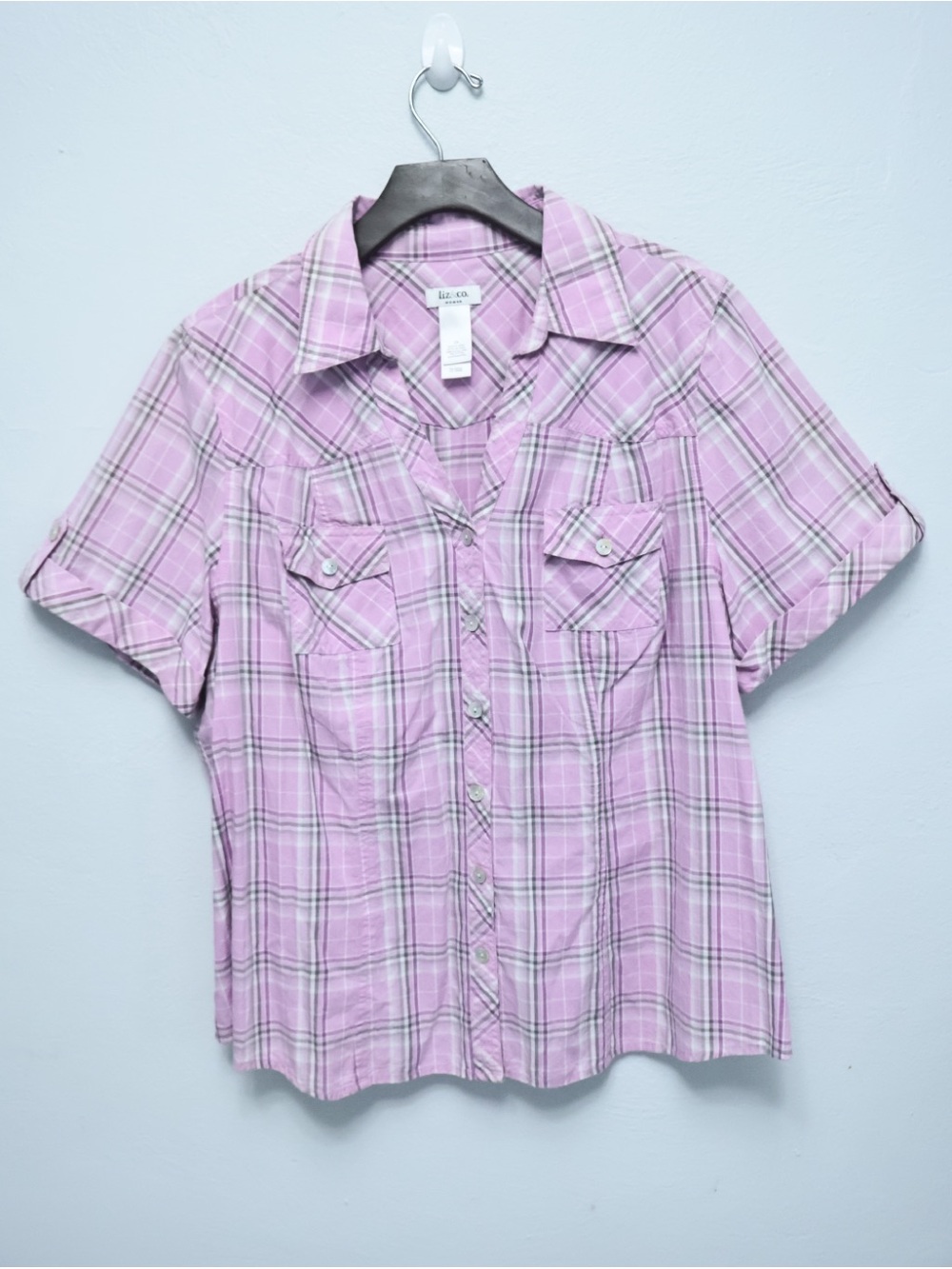 Liz & Co. Woman Pink Plaid Short-Sleeve Button Up Shirt Casual Pockets